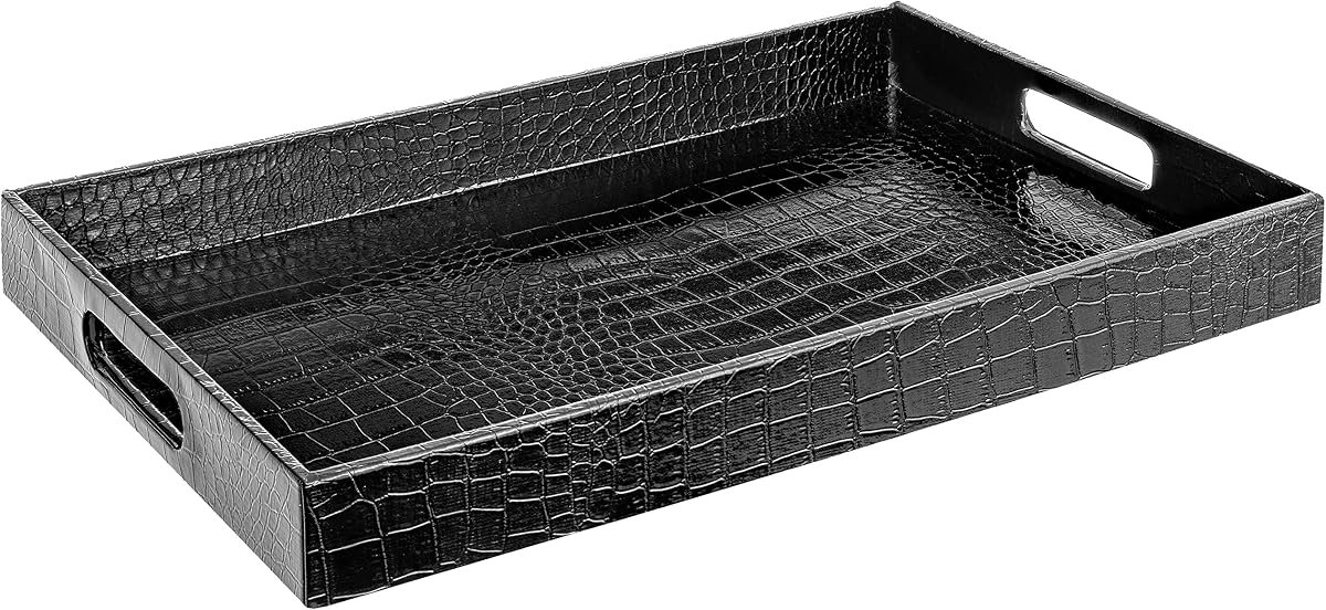Home Redefined Black shagreen faux leather decorative serving tray with stainless steel handles, front view