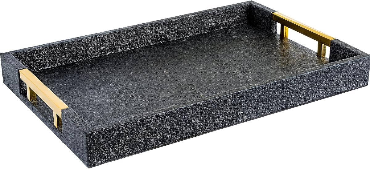 Home Redefined Black/Gold shagreen faux leather decorative serving tray with stainless steel handles, front view