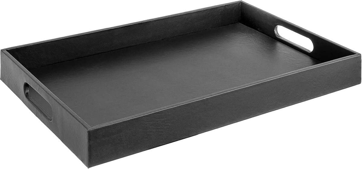 Home Redefined Black Leather shagreen faux leather decorative serving tray with stainless steel handles, front view