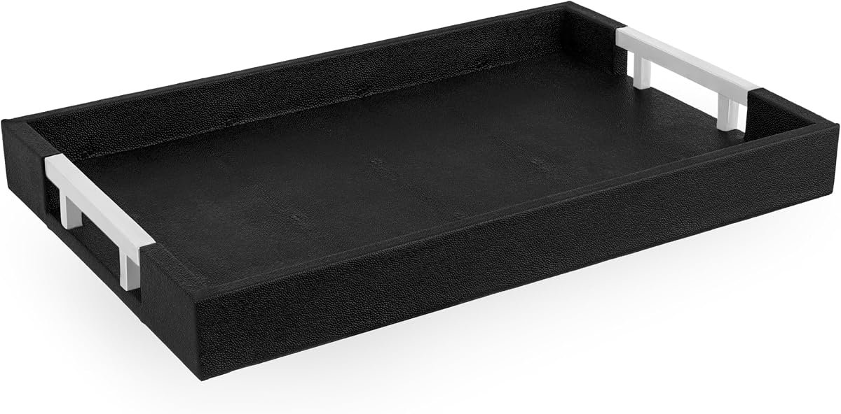 Home Redefined Black/Silver shagreen faux leather decorative serving tray with stainless steel handles, front view