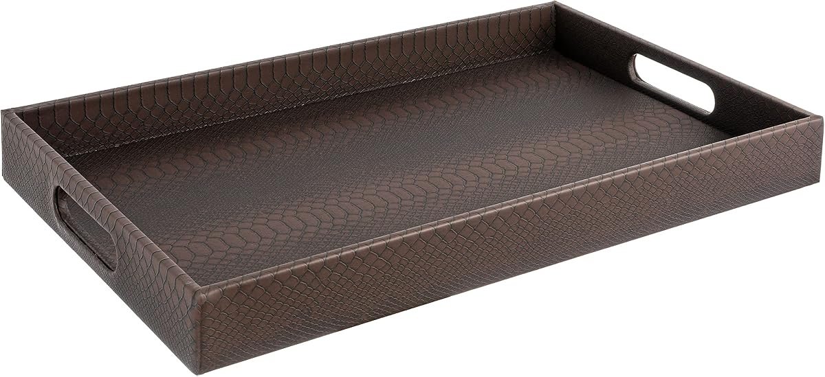 Home Redefined Brown shagreen faux leather decorative serving tray with stainless steel handles, front view