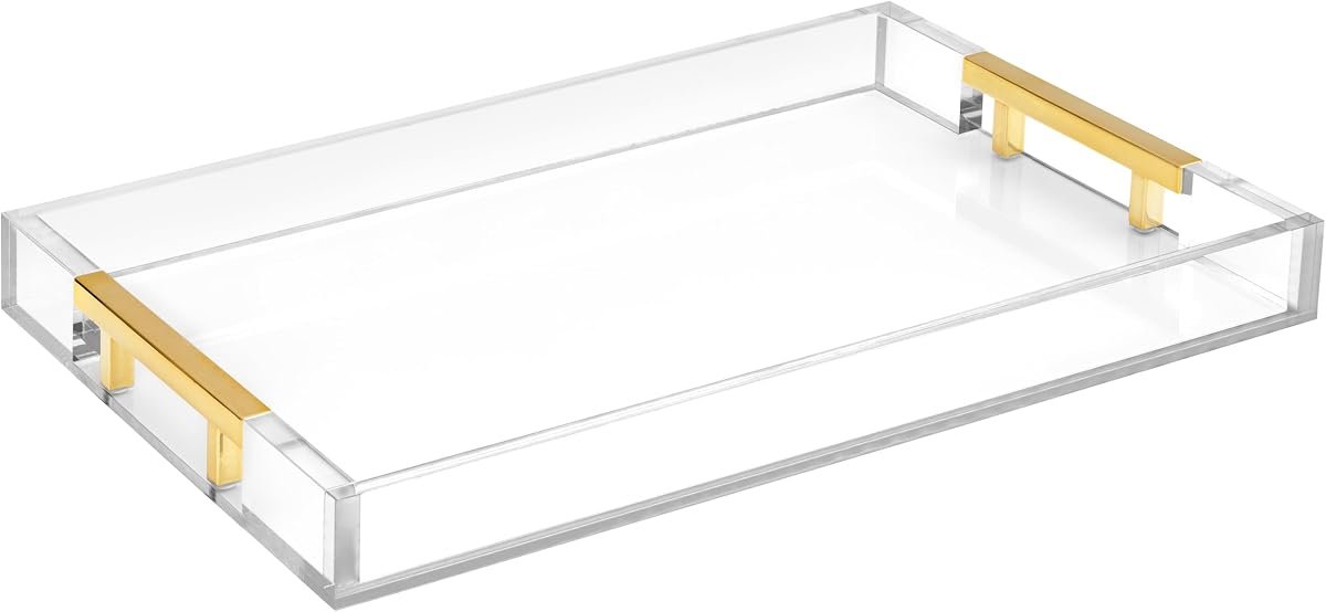 Home Redefined Clear/Gold shagreen faux leather decorative serving tray with stainless steel handles, front view