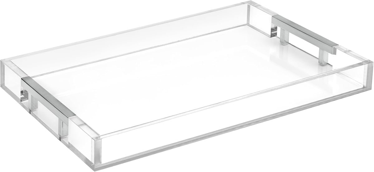 Home Redefined Clear/Silver shagreen faux leather decorative serving tray with stainless steel handles, front view