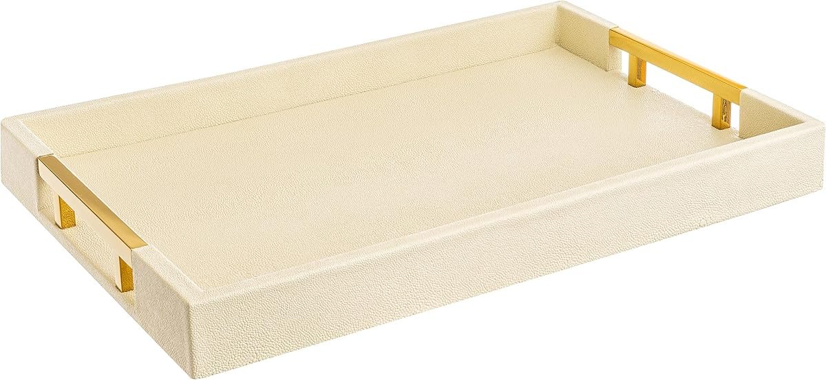 Home Redefined Cream/Gold shagreen faux leather decorative serving tray with stainless steel handles, front view