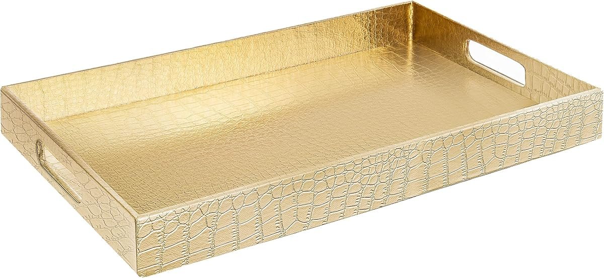 Home Redefined Gold shagreen faux leather decorative serving tray with stainless steel handles, front view