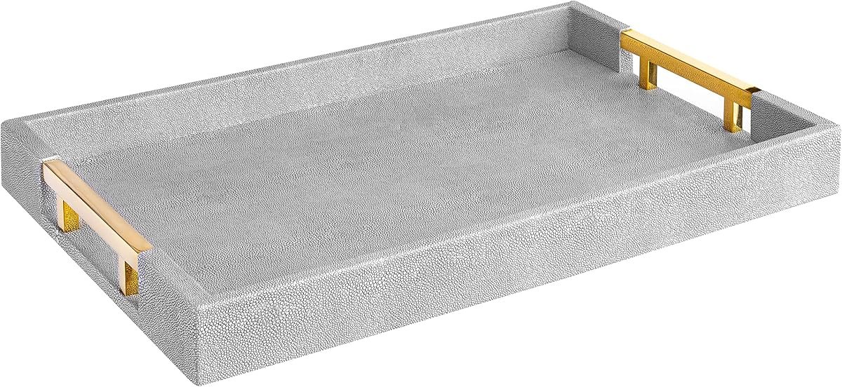 Home Redefined Grey/Gold shagreen faux leather decorative serving tray with stainless steel handles, front view