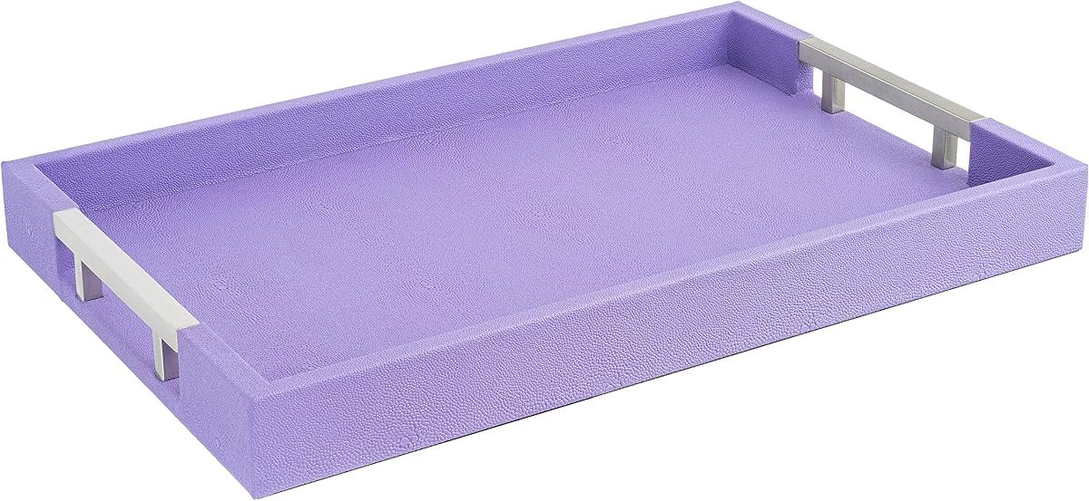 Home Redefined Lavender/Silver shagreen faux leather decorative serving tray with stainless steel handles, front view