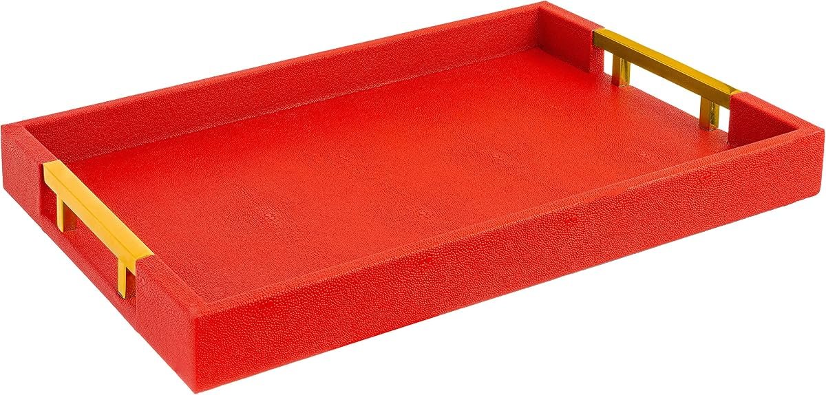 Home Redefined Red/Gold shagreen faux leather decorative serving tray with stainless steel handles, front view