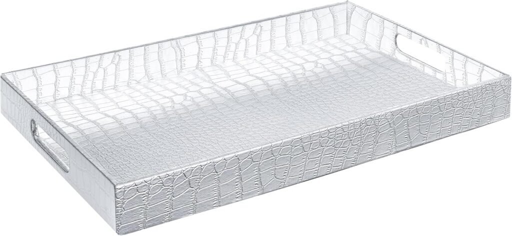 Silver faux leather serving tray