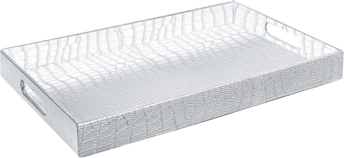 Home Redefined Silver shagreen faux leather decorative serving tray with stainless steel handles, front view