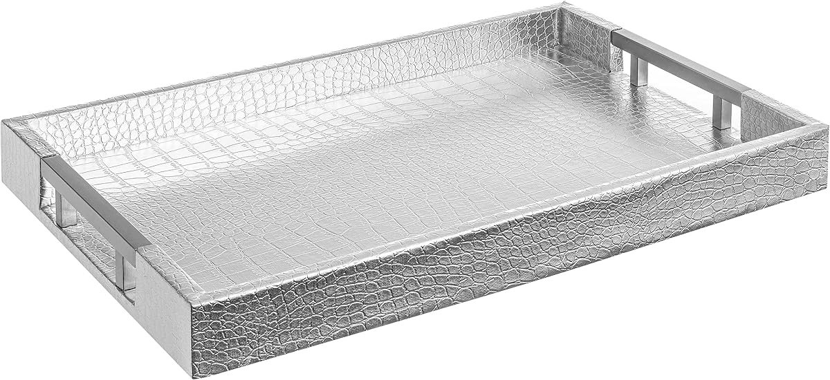 Home Redefined Silver/Metal shagreen faux leather decorative serving tray with stainless steel handles, front view