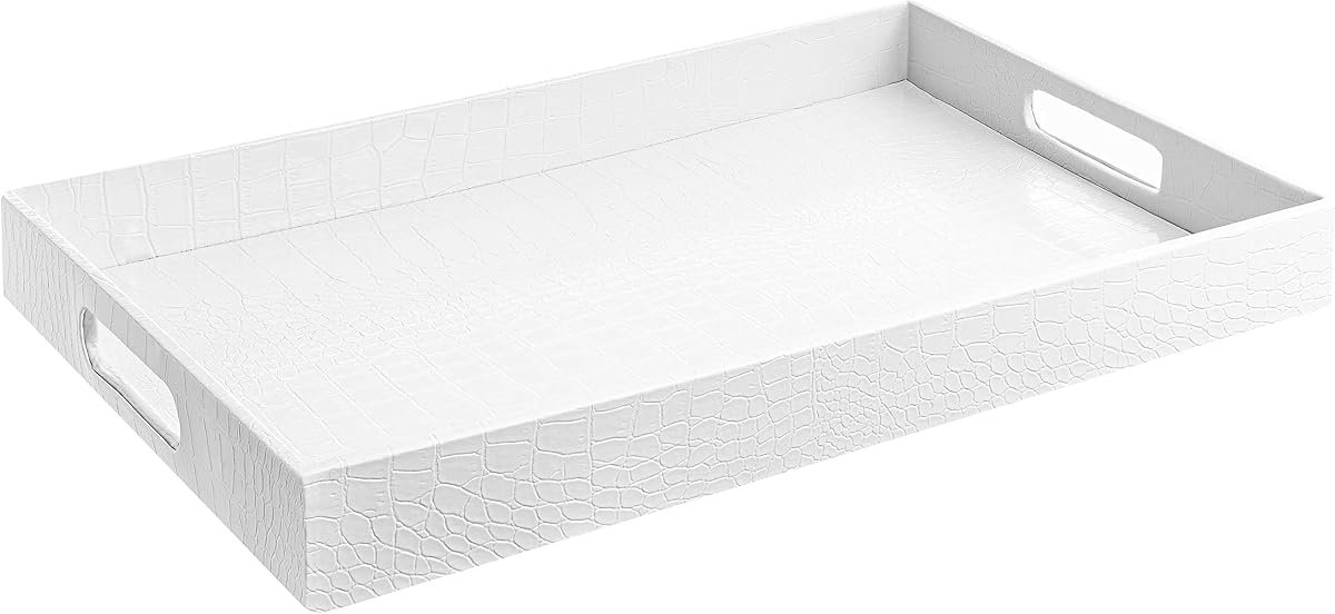 Home Redefined White shagreen faux leather decorative serving tray with stainless steel handles, front view