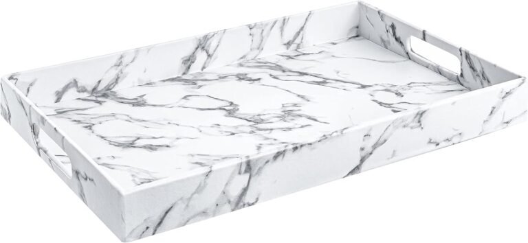 Home Redefined White Marble shagreen faux leather decorative serving tray with stainless steel handles, front view