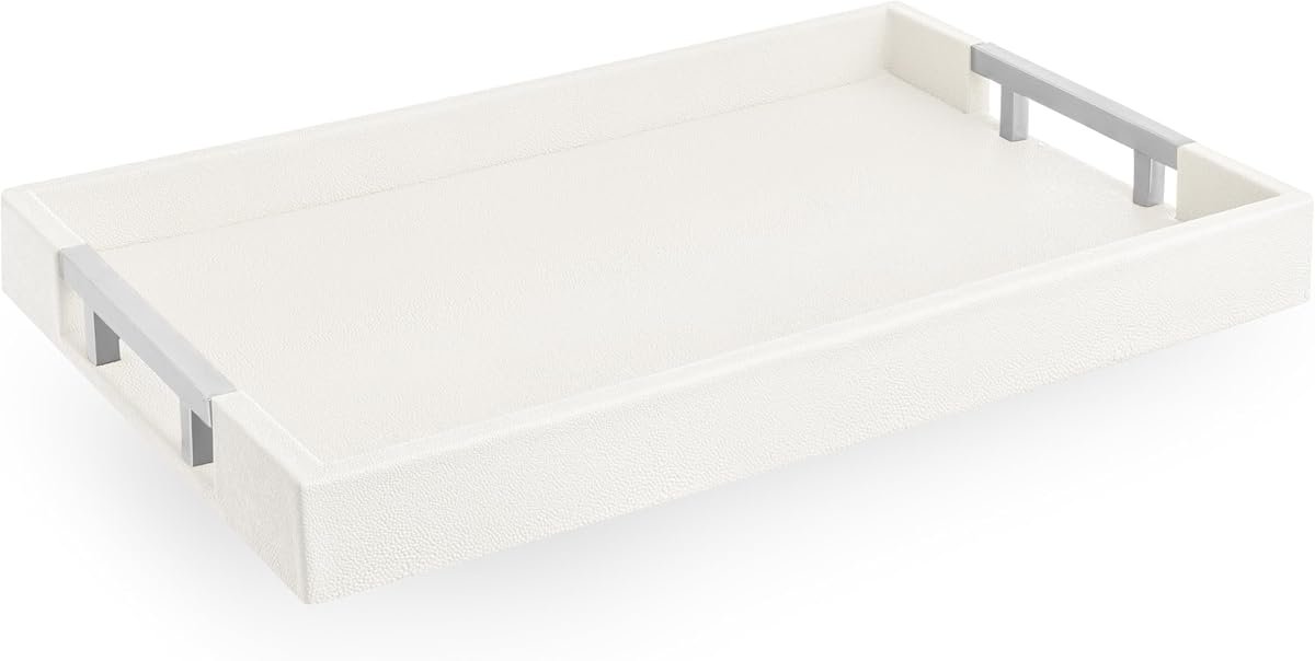 Home Redefined White/Silver shagreen faux leather decorative serving tray with stainless steel handles, front view