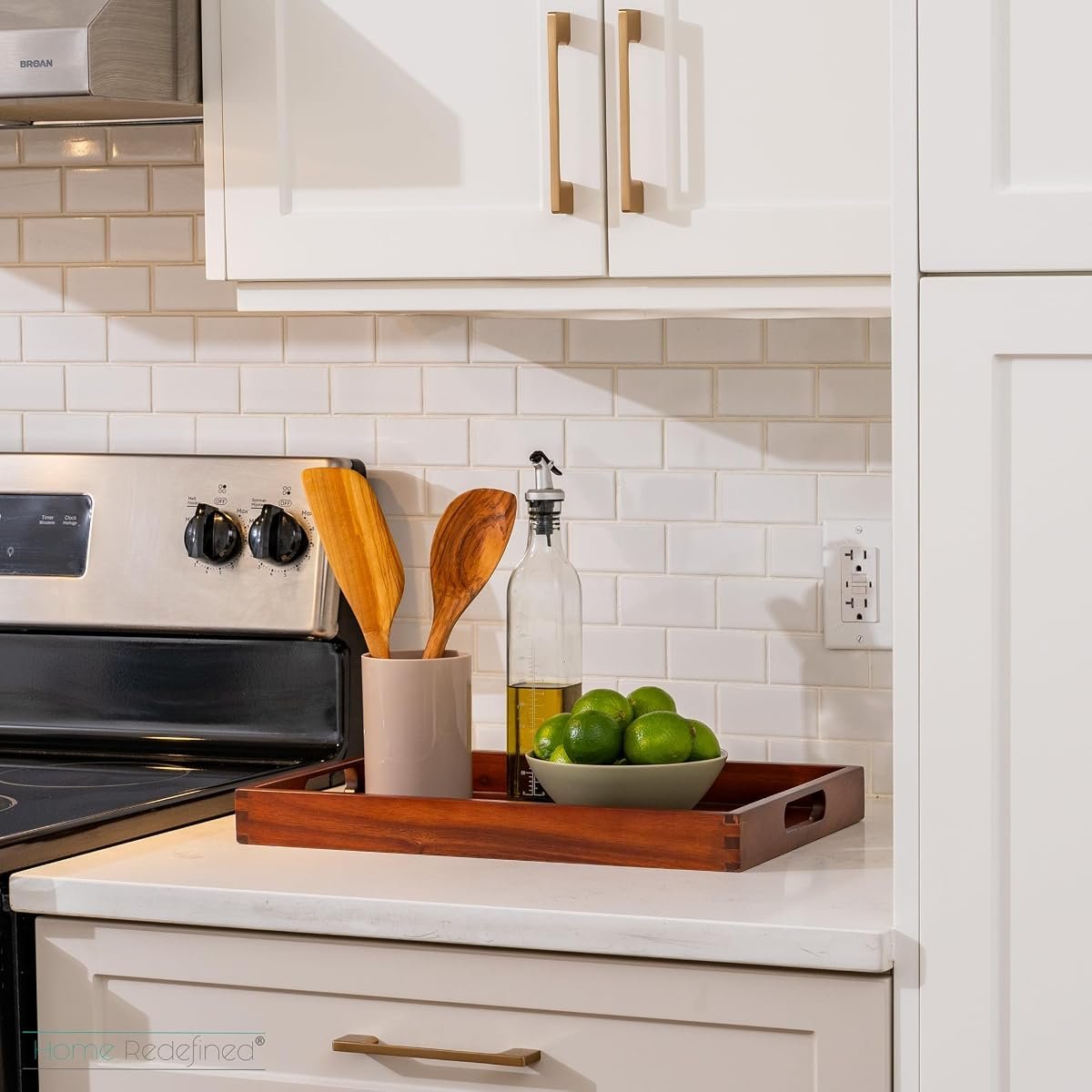 Wood finish serving tray on a kitchen counter