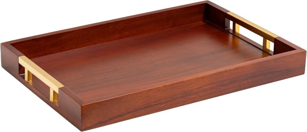 Wood/Gold faux leather serving tray