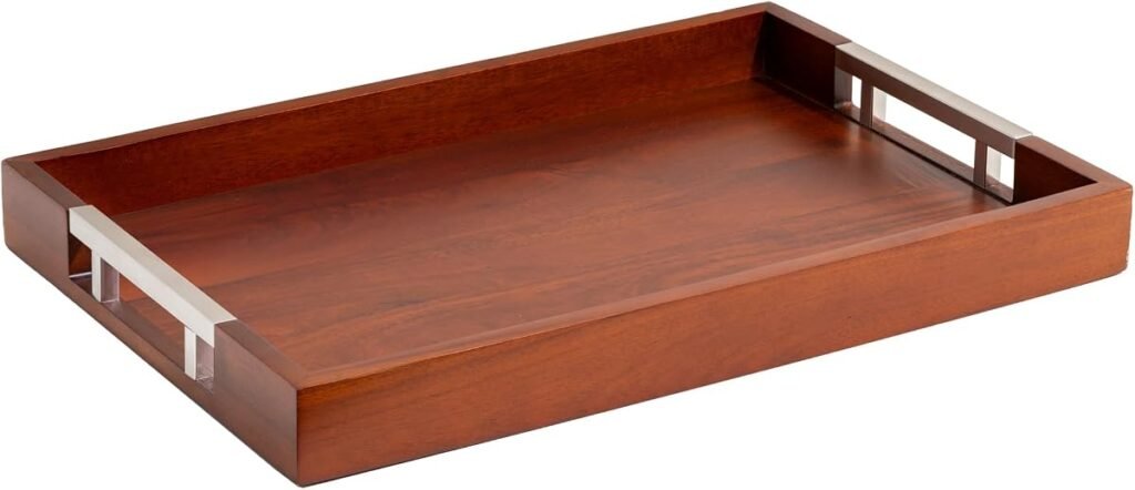Wood/Silver faux leather serving tray